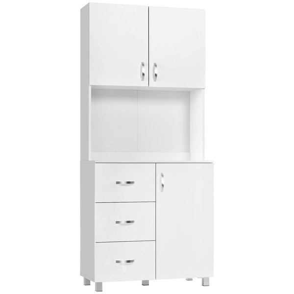 HOMCOM 183.5cm Free standing Kitchen Cupboard, Storage Cabinet with Doors and Sheleves, 3 drawers and Open Space, Adjustable Height Storage Unit, White