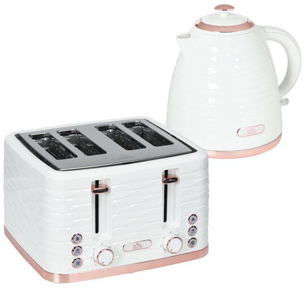 HOMCOM Kettle and Toaster Sets, 3000W 1.7L Rapid Boil Kettle & 4 Slice Toaster with 7 Browning Controls, Defrost, Reheat and Crumb Tray, UK Otter thermostat, Cream White