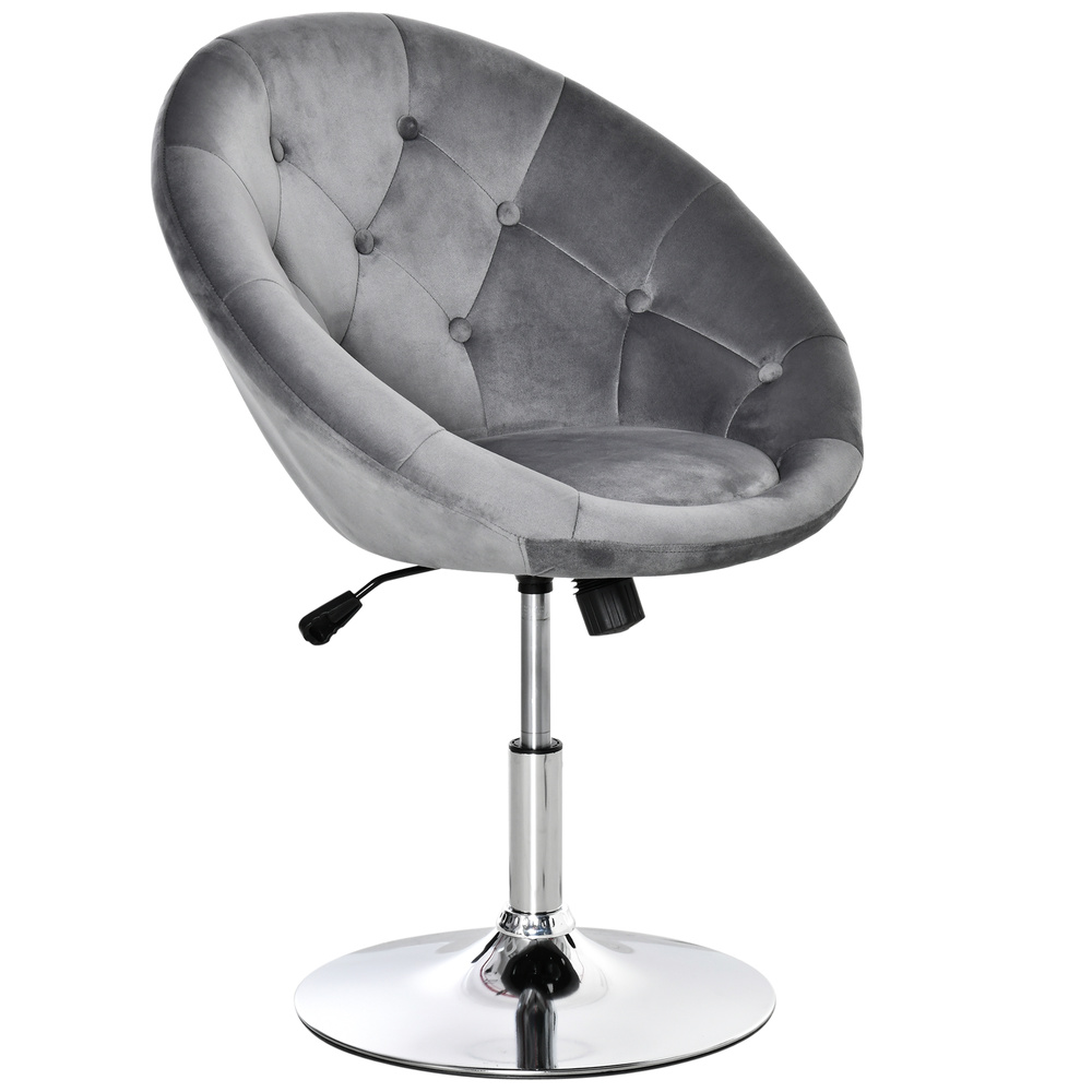 HOMCOM Swivel Dressing Stool, Velvet-feel Upholstered Vanity Chair, Adjustable Height Tub Makeup Chair with Button Tufting and Thick Padding for Bedroom, Grey