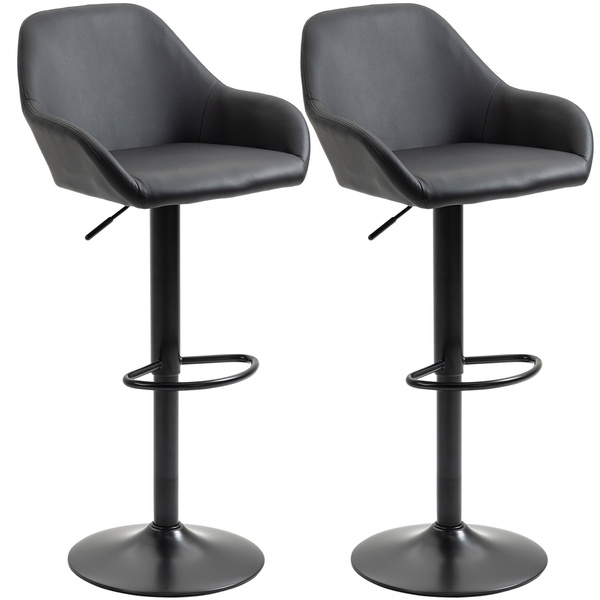 HOMCOM Adjustable Bar Stools Set of 2, Swivel PU Leather Barstools with Backrest & Footrest, Black
