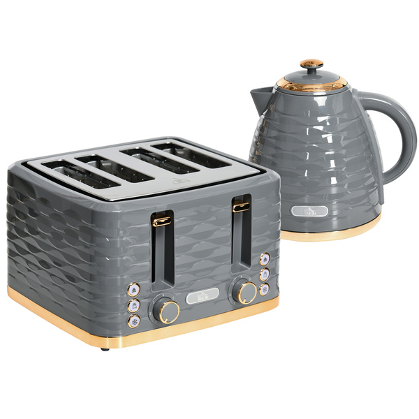 HOMCOM Kettle and Toaster Sets, 3000W 1.7L Rapid Boil Kettle & 4 Slice Toaster with 7 Browning Controls, Defrost, Reheat and Crumb Tray, UK Otter thermostat, Grey