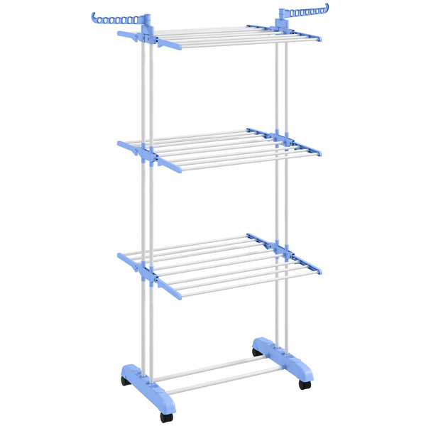 HOMCOM Foldable Clothes Drying Rack, 4-Tier Steel Garment Laundry Rack with Castors for Indoor and Outdoor Use, Blue