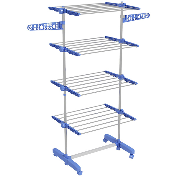 HOMCOM Four-Shelf Collapsing Clothes Horse, With Side Arms and Wheels - Blue