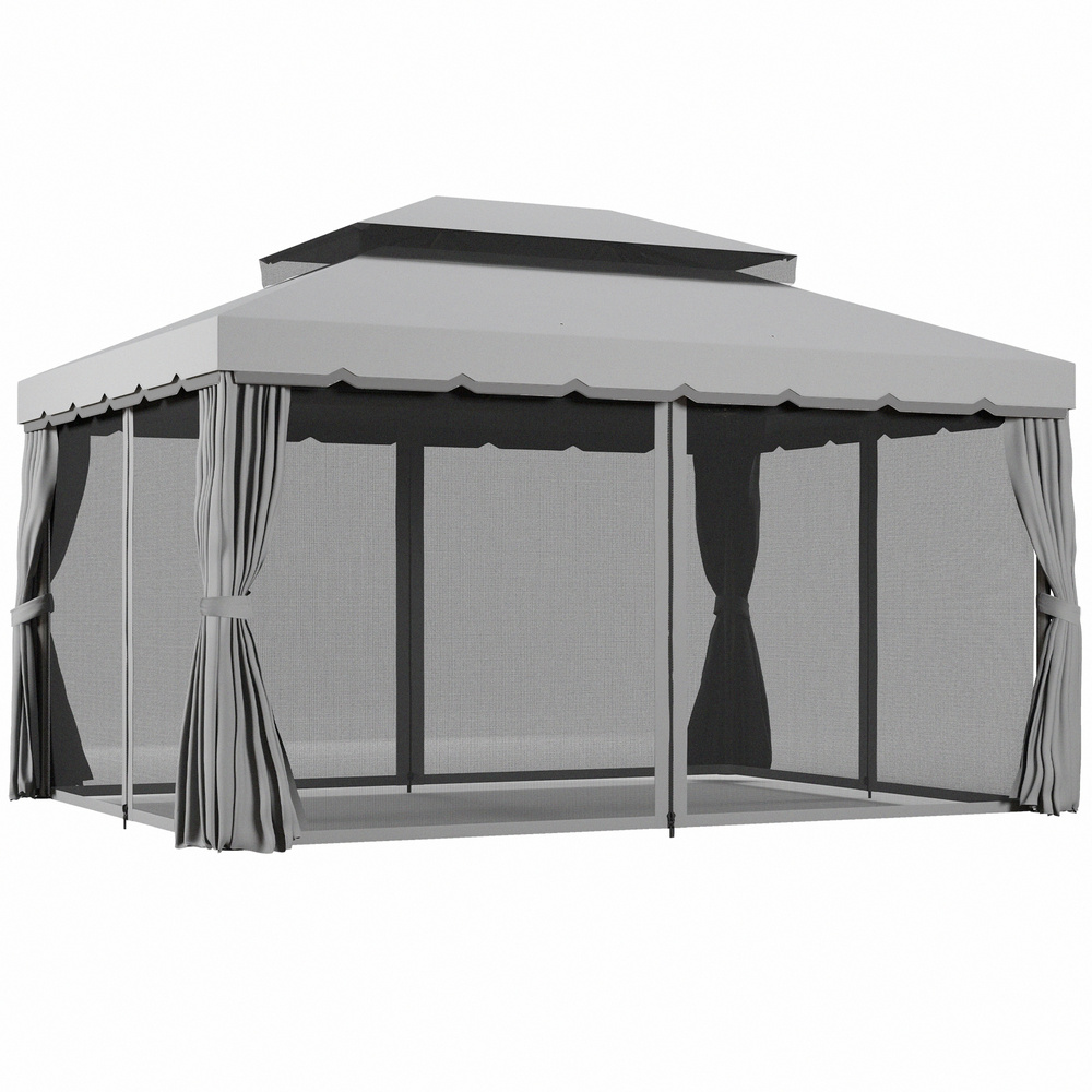 Outsunny 3 x 4m Aluminium Garden Gazebo, Marquee Canopy Shelter Pavilion Party Tent with Nets and Curtains for Garden and Deck, Light Grey