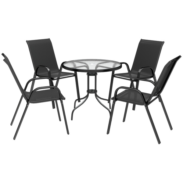Outsunny Five-Piece Steel Patio Set, with Glass-Top Table - Black