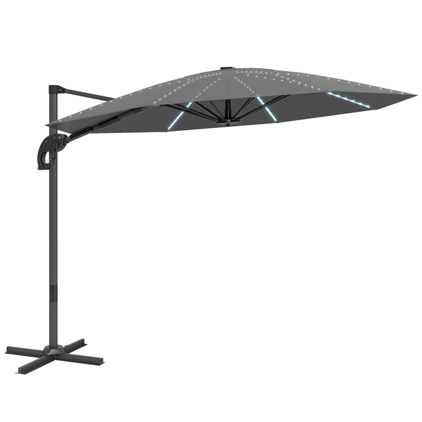 Outsunny 3(m) Cantilever Garden Parasol with Solar Powered Lights, Crank Handle & Cross Base, UPF 50+, 360° Rotation, Dark Grey