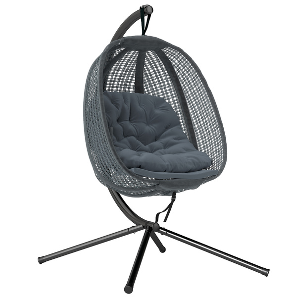 Outsunny Outdoor Swing Chair with Thick Padded Cushion, Patio Hanging Chair with Metal Stand, Egg Chair with Foldable Basket, Cup Holder, for Indoor and Outdoor, Dark Grey