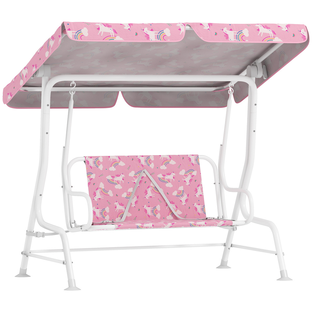 AIYAPLAY Kids Porch Swing, 2-Seater Patio Swing Bench Hammock with Seat Belts, Adjustable Canopy for Garden, Pink