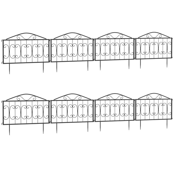 Outsunny Decorative Garden Fencing, 8PCs Outdoor Picket Fence Panels, Rustproof Metal Wire Landscape Flower Bed Border Edging Animal Barrier, Black