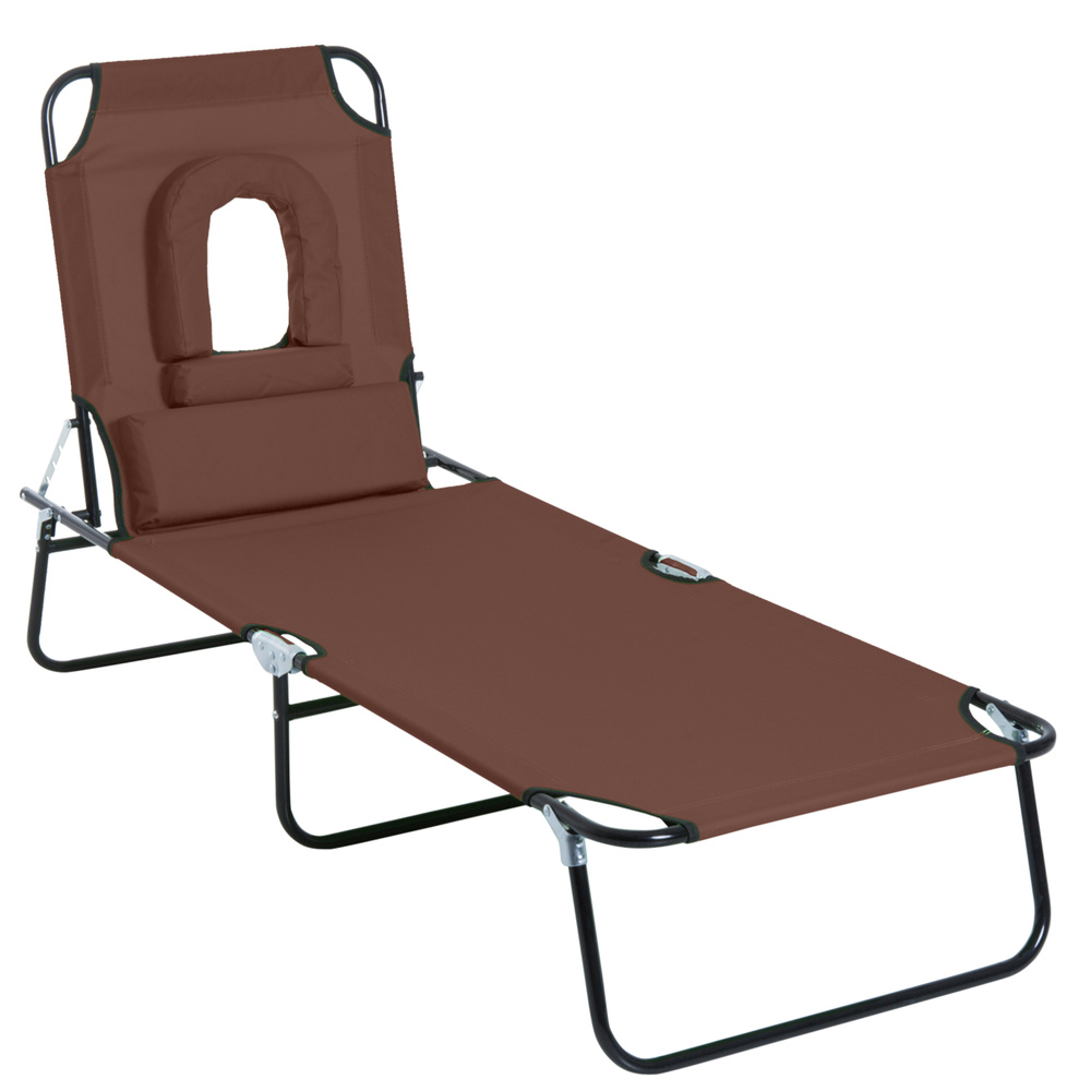 Outsunny Folding Sun Lounger with Face Hole, 4-Position Adjustable Backrest Garden Recliner Chair Sunbed, Outdoor Lounge Chair with 600 D Oxford Cloth Seat, Pillow for Beach, Brown