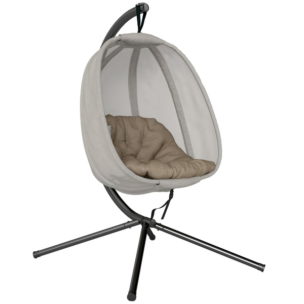 Outsunny Hanging Egg Chair, Folding Texteline Swing Hammock with Side Pocket, Cushion and Stand for Indoor Outdoor, Patio Garden Furniture, Khaki