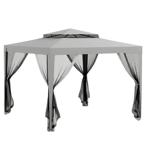 Outsunny 3 x 3 m Gazebo, Netting Party Tent, Patio Canopy Outdoor Event Shelter with Double Tier Roof, Light Grey