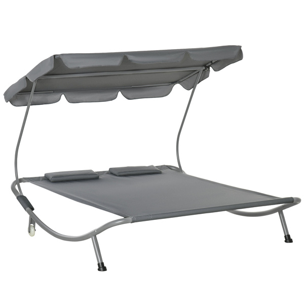 Outsunny Double Sun Lounger with Adjustable Detachable Canopy, Portable Garden Daybed for 2 with Wheels, Outdoor Sunbed Hammock with 2 Pillows, 220 KG Max. Load, Grey