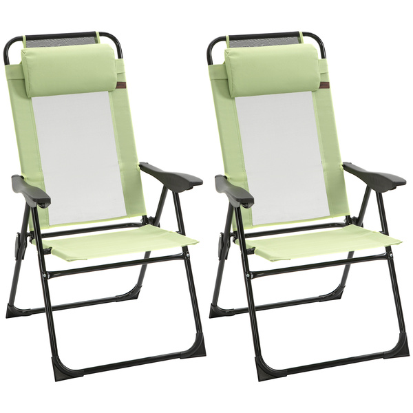 Outsunny Folding Garden Chairs Set of 2, 5-Position Recliner Camping Chair with High Back, All Weather Texteline Seat, Portable Outdoor Dining Chairs with Headrests for Patio, Picnic, Green