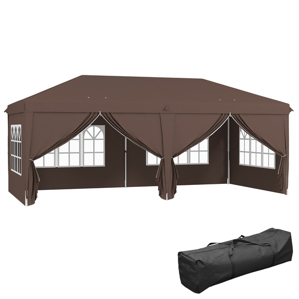 Outsunny 3 x 6 m Pop Up Gazebo with Sides and Windows, Height Adjustable Wedding Camping Party Tent Canopy Marquee with Storage Bag for Garden, Event, Brown