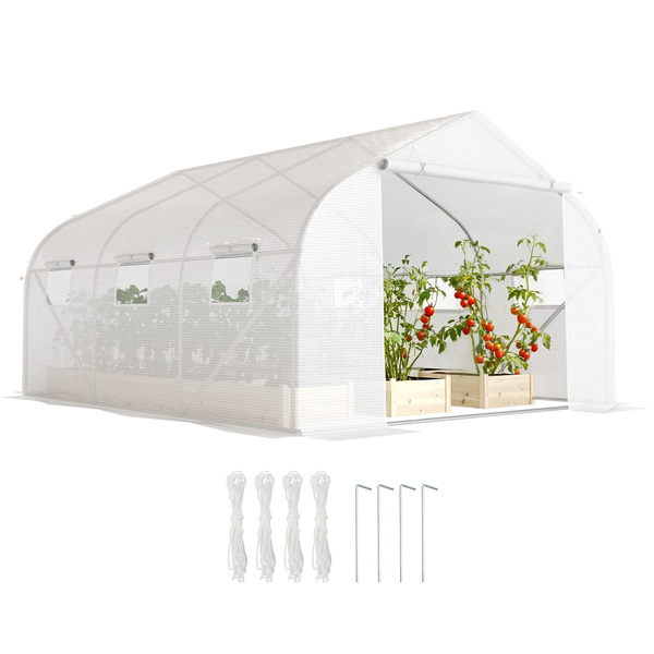 Outsunny 3.5 x 3 x 2m, Walk-In Polytunnel Greenhouse Warm House Garden Tunnel Shelter Plant Shed, White