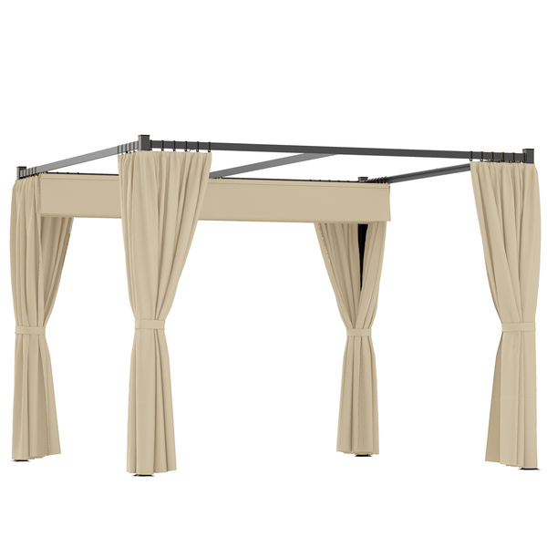 Outsunny 3 x 3m Retractable Roof Pergola, with Curtains - Khaki