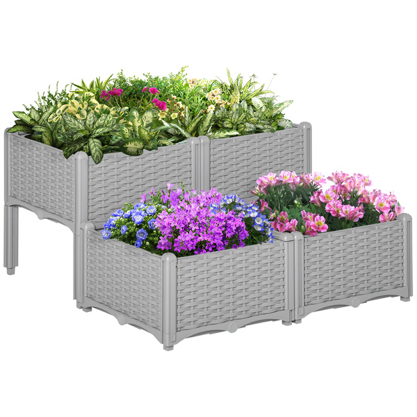 Outsunny Set of 4 26L Garden Raised Bed Elevated Patio Flower Plant Planter Box PP Vegetables Planting Container, Grey