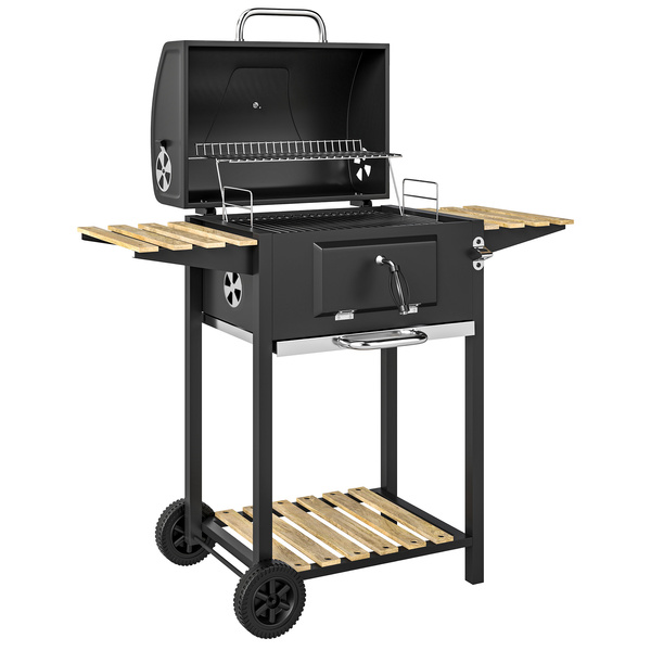 Outsunny Charcoal BBQ Grill with Height Adjustable Charcoal Pan, Barbecue Smoker with Warming Rack, 3 Shelves, Temperature Gauge, Wheels, Bottle Opener for Outdoor Cooking Garden Party