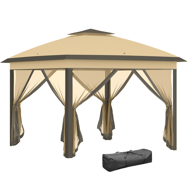 Outsunny 3.3 x 3.3m Pop Up Gazebo, Double Roof Foldable Canopy Tent with Zipped Mesh Sidewalls, Height Adjustable and Carrying Bag, Event Tent for Patio Garden, Beige
