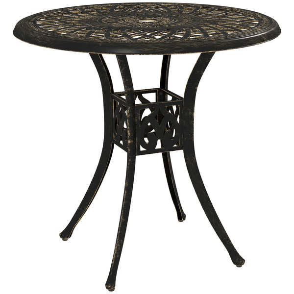 Outsunny 78 cm Round Garden Dining Table with Parasol Hole Antique Cast Aluminium Outdoor Table Only, Bronze Tone