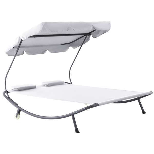 Outsunny Double Sun Lounger with Adjustable Detachable Canopy, Portable Garden Daybed for 2 with Wheels, Outdoor Sunbed Hammock with 2 Pillows, 220 KG Max. Load, White