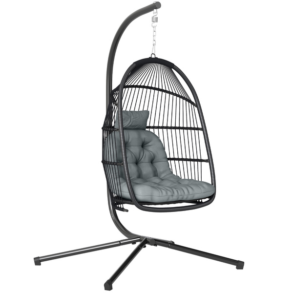Outsunny Rattan Hanging Egg Chair with Stand, Foldable Wicker Swing Egg Chair with Cushion, Head Pillow, Steel Frame, Hammock Chair for Indoor Outdoor, Capacity 150 kg, Dark Grey