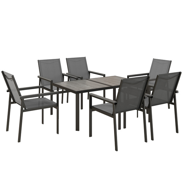 Outsunny Seven-Piece Metal Dining Set, with Glass-Top Table - Grey
