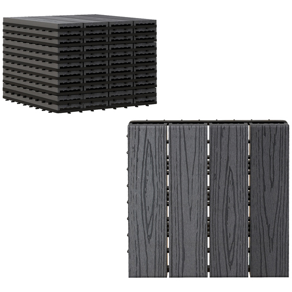 Outsunny WPC Interlocking Decking Tiles, Pack of 11 Interlocking Patio Paving Slabs, 30 x 30 x 2.2 cm, Grey