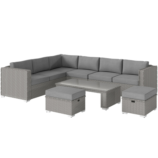 Outsunny 6 Pieces Outdoor PE Rattan Wicker Corner Sofa Set with 10cm Thick Padded Cushions, Aluminium Conservatory Furniture with Glass Top Coffee Table, Footstools, Grey