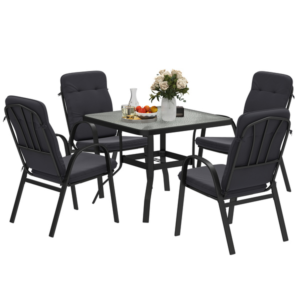Outsunny 5 Pieces Outdoor Square Garden Dining Set w/ Tempered Glass Dining Table 4 Cushioned Armchairs, Umbrella Hole, Black