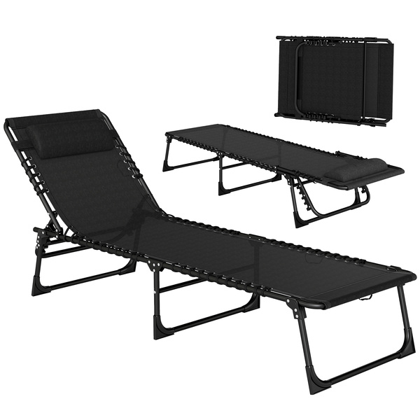 Outsunny Foldable Sun Lounger, Outdoor 4 Level Adjustable Backrest Reclining Chaise Chair, Steel Frame Recliner Chair for Camping, Hiking, Black