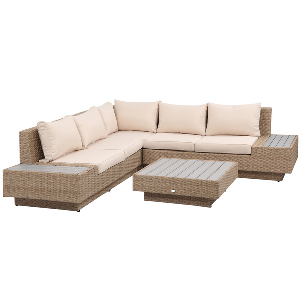 Outsunny 4 Pieces Rattan Garden Furniture Set, Garden Corner Sofa with Side Trays, Wicker Conservatory Furniture Set with Loveseats, Slatted Plastic Top Coffee Table and Cushions, Beige