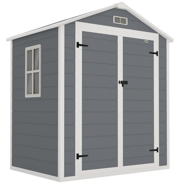 Outsunny 6x4.5ft Garden Storage Shed, Lockable Shed for Small Terraced Gardens with Double Doors, Window, Vent and Plastic Roof, Low Maintenance, Grey
