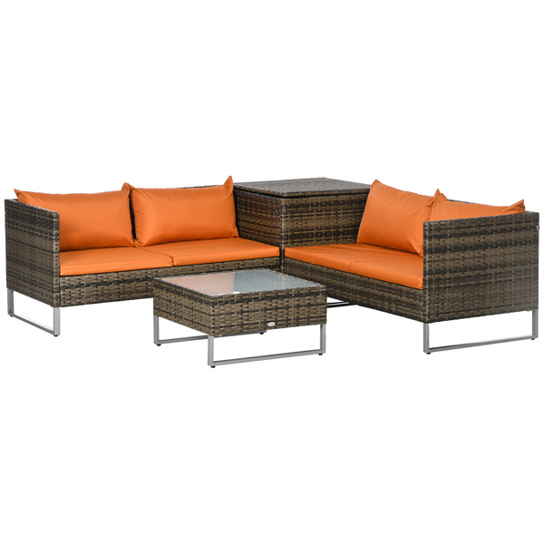 Outsunny 4 Piece Rattan Garden Furniture Set, Outdoor Corner Sofa Set with Storage Table, Loveseats, Cushions - Orange
