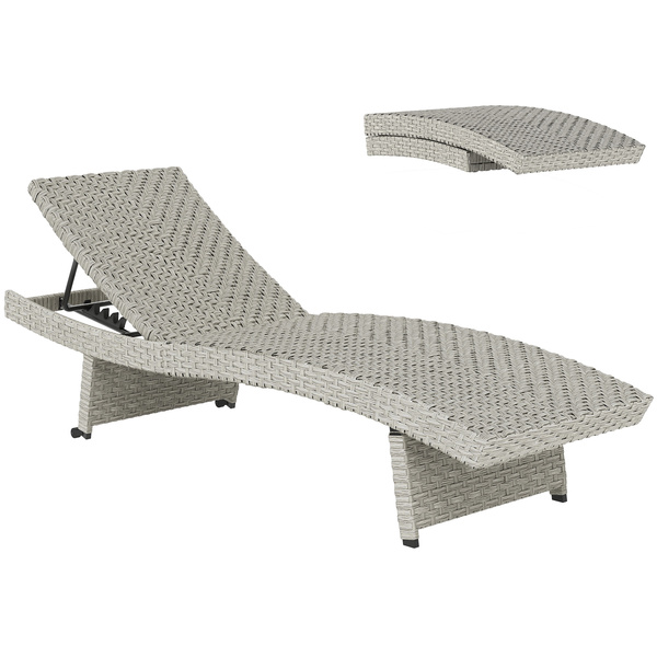 Outsunny Outdoor PE Rattan Sun Lounger, Folding Wicker Garden Lounger Recliner with 4-Level Adjustable Backrest, Rolling Sunbed Lounge Chair with Wheels, Non-Slip Legs for Balcony, Beach, Grey