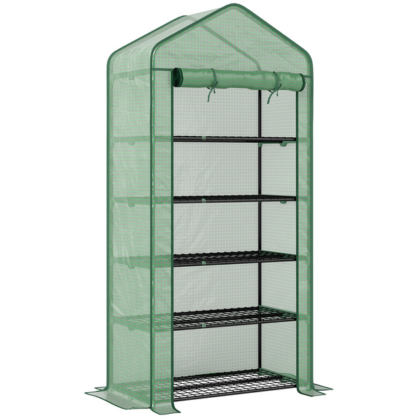 Outsunny 5 Tier Widened Mini Greenhouse with Reinforced PE Cover, Portable Indoor Outdoor Green House with Roll-up Door and Wire Shelves, 90 x 49 x 193cm, Green