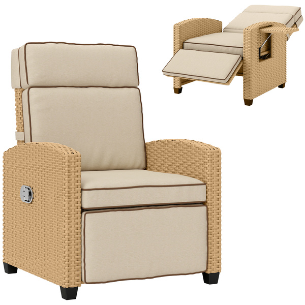 Outsunny 145° Reclining Rattan Armchair, with Footrest - Khaki/Beige