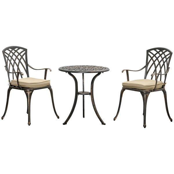 Outsunny 3pc Cast Aluminium Garden Bistro Set for 2 with Parasol Hole, Outdoor Coffee Table Set Rust Resistant with Cushions, Bronze