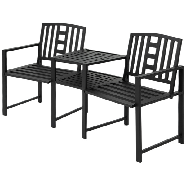 Outsunny 2 Seat Garden Chair Bench Loveseats Jack and Jill Seat w/Coffee Table Slatted Design Patio Yard