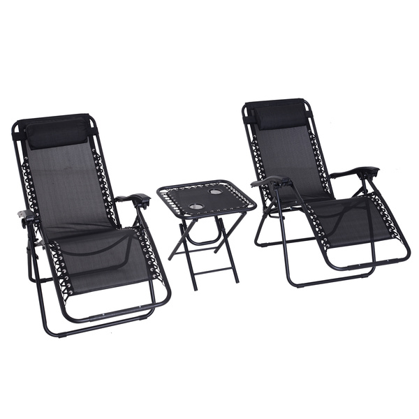 Outsunny Folding Zero Gravity Chairs, 3 Pieces Adjustable Sun Lounger and Table Set with Cup Holder and Headrest, Patio Bistro Set with Reclining Garden Chairs for Outdoor, Black