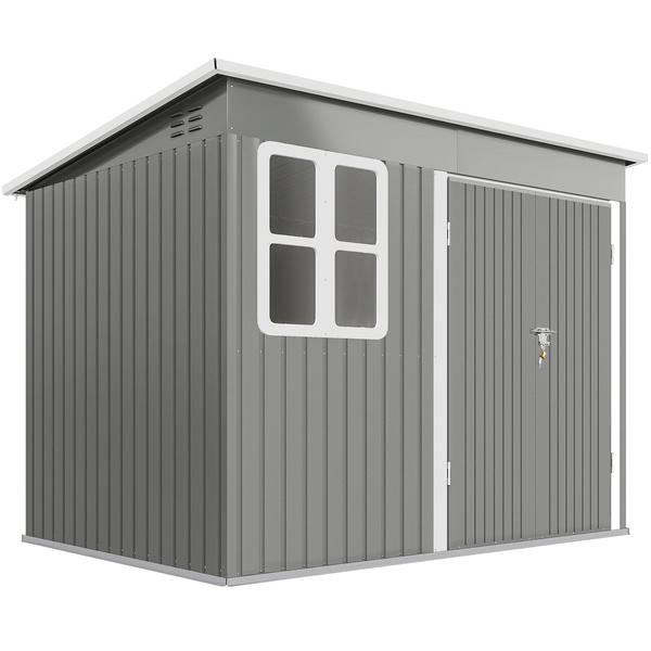 Outsunny 8.5 x 6ft Storage Shed Galvanised Steel Garden Shed, Metal Shed with Foundation Kit, Window, Lockable Wide Doors and Air Vents for Outdoor Patio, Light Grey