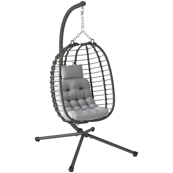 Outsunny Rattan Hanging Egg Chair, Foldable Wicker Hammock Swing Chair with Cushion, Stand, Adjustable Height, Head Pillow, Steel Frame for Garden Patio Indoor Outdoor, Light Grey