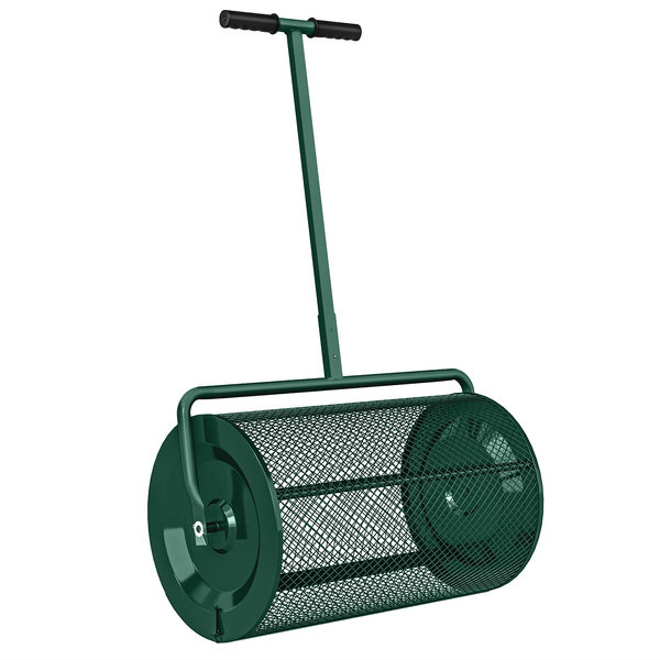 Outsunny Compost Spreader, 24" Peat Moss Spreader with Height Adjustable T Shaped Handle and Metal Mesh Basket, Garden Spreader for Seeding, Spreading Manure, Green