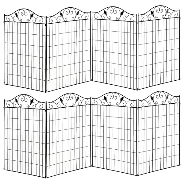 Outsunny Set of 2 Decorative Garden Fence, 8 Panels Metal Picket Fence, Versatile Shapes for Patio Lawn, 365cm x 112cm, Black