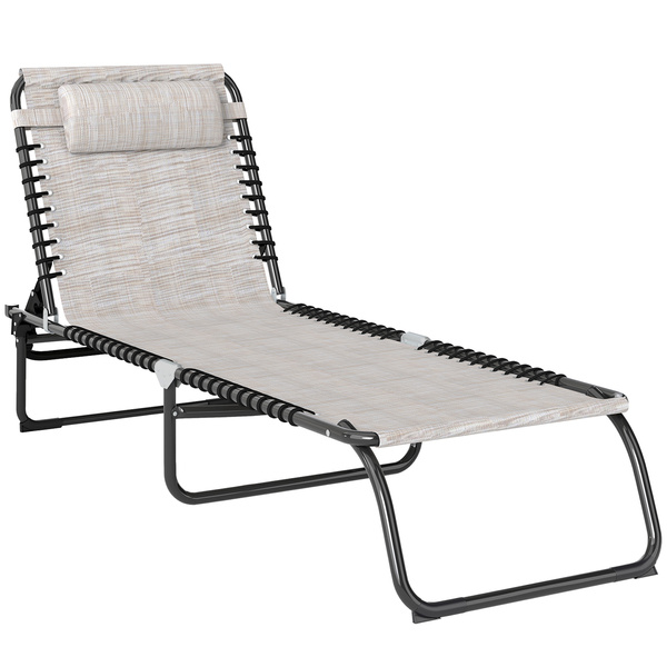 Outsunny Foldable Sun Lounger, Outdoor 4 Level Adjustable Backrest Reclining Chaise Chair, Steel Frame Recliner Chair for Camping, Hiking, Cream White