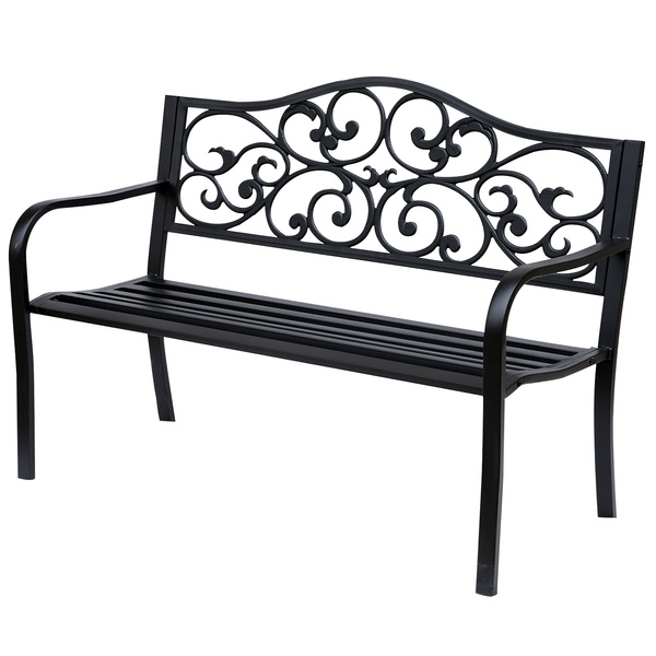 Outsunny Metal Garden Bench with Floral Backrest and Armrests - Black