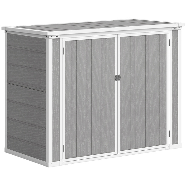 Outsunny 4.7 x 2.5FT Garden Shed, Double Bin Storage Shed with Lockable Doors, Outdoor Small Shed with Openable Lid for 2 Trash Cans, Garden Tools, Grey