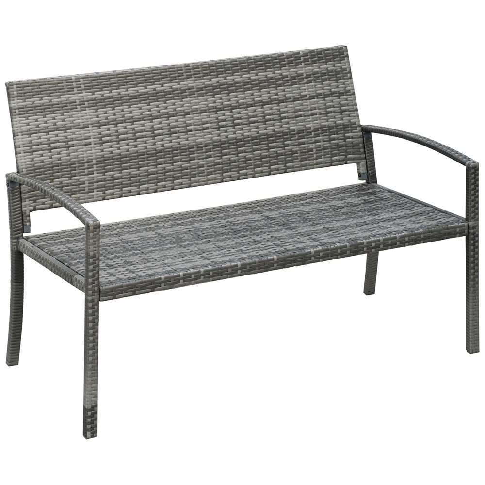 Outsunny 2 Seater Poly Rattan Garden Bench, All Weather Wicker Garden Loveseat, Outdoor Seating Bench with 240 Load Capacity, Backrest and Armrests for Patio, Terrace, Balcony, Grey