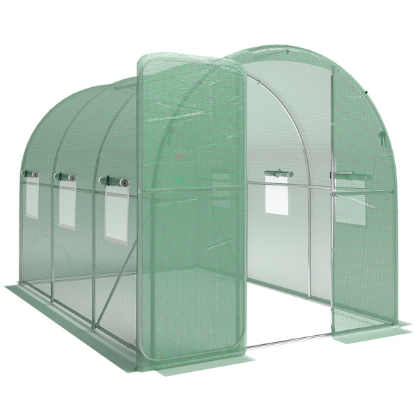 Outsunny 2 x 3 m Walk-in Polytunnel Greenhouse with Hinged Door and 6 Roll Up Mesh Windows, Garden Tunnel Warm House Tent, Green